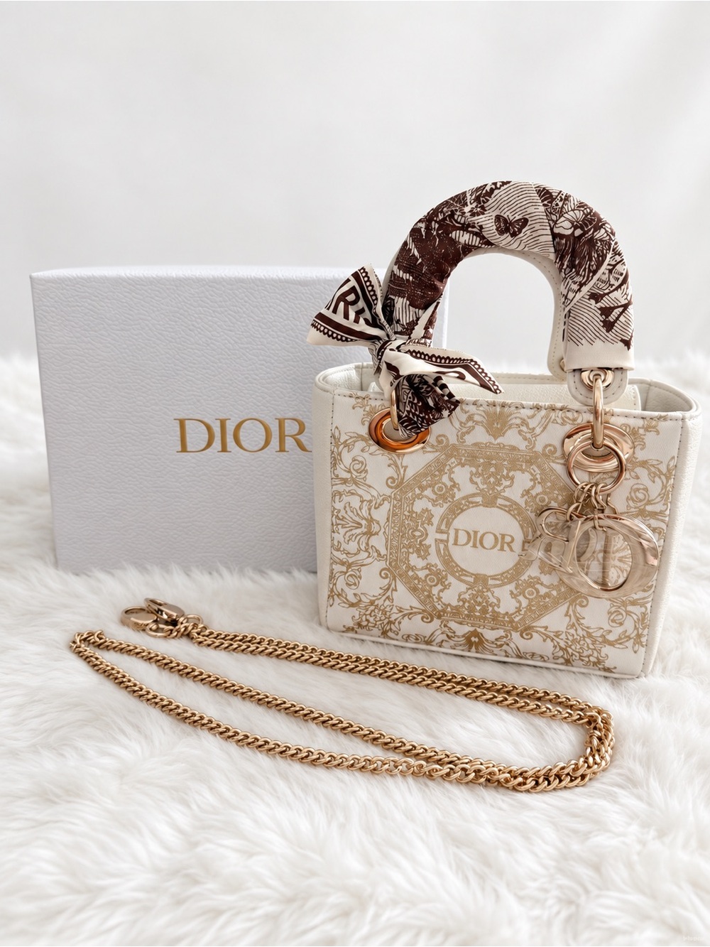 GWP - Dior Mini Tote in Cream with Gold Hardware and Brown Scarf